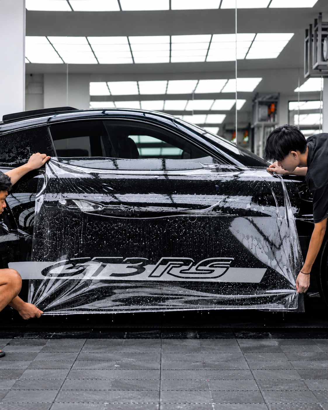 Proses pemasangan Paint Protection Film pada Porsche GT3 RS oleh tim WRAPEED